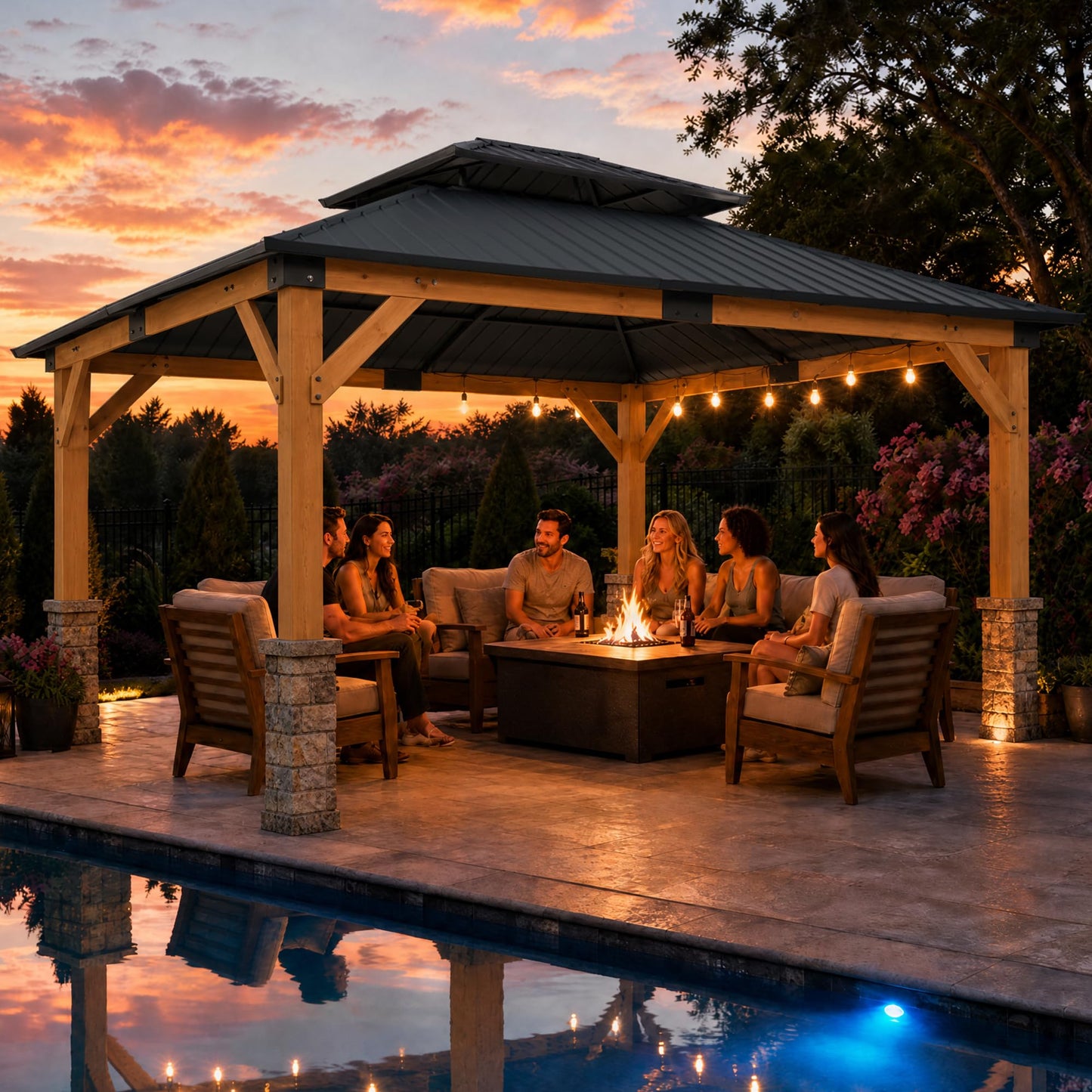 10' x 12' Wood Gazebo, Permanent Pavilion with Hardtop Galvanized Steel Double Roof, Cedar Gazebo with 4.72" Thickened Wooden Posts for Poolside, Patio, Backyard, Garden and Deck