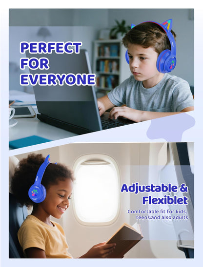 MIDOLA Kids Headphones Cat Ear Wireless Bluetooth 5.3 60H Over Ear, 8H with Led Light Foldable Headset with Aux 3.5mm Mic for Travel Pad Tablet Blue