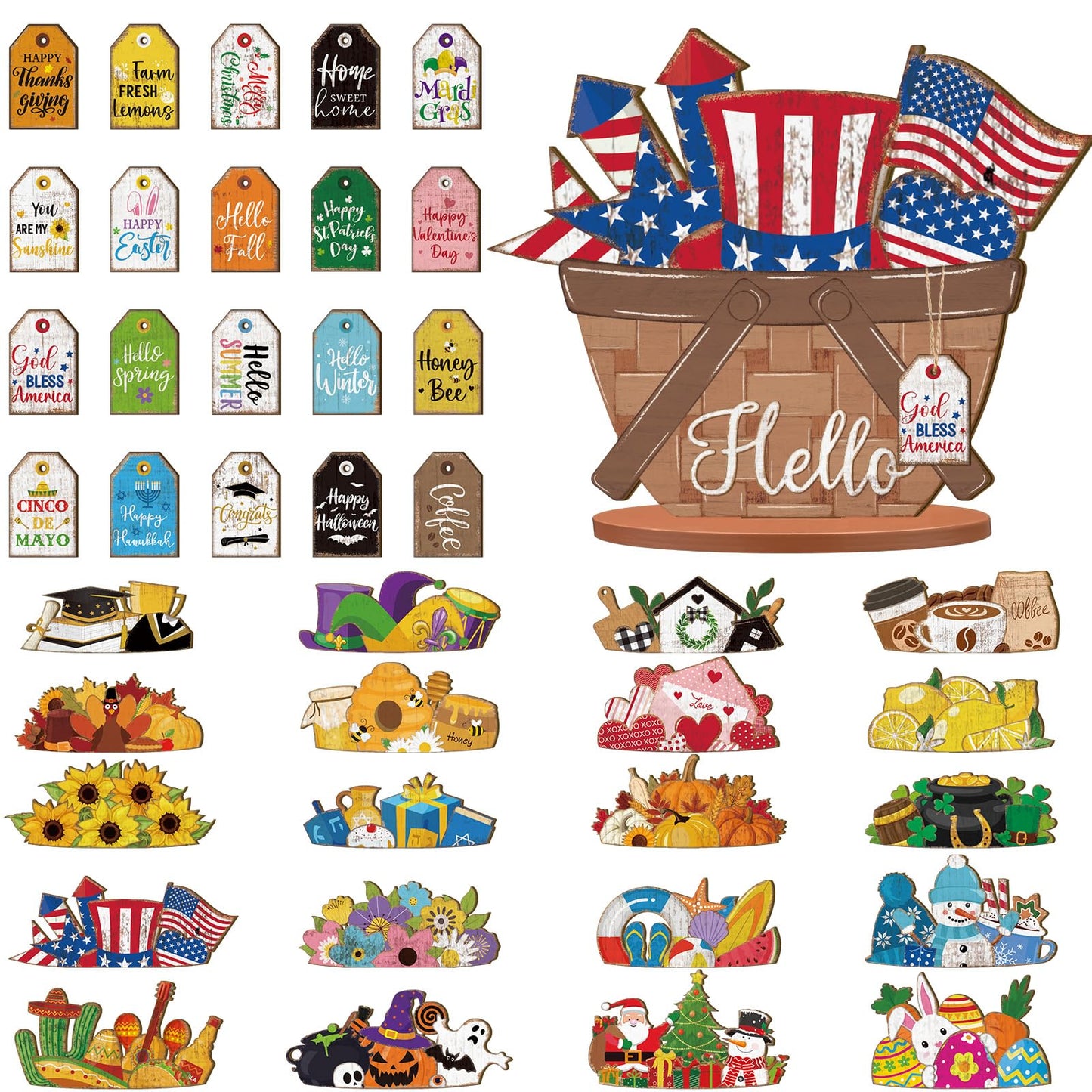 Anglechic 42 Pcs Small Interchangeable Flower Basket Memorial Day Decor Holiday Seasonal Sign Wood Rustic Farmhouse DIY Hanging Drop July 4th Home Office Desk Accessories Tiered Tray Decoration Gift