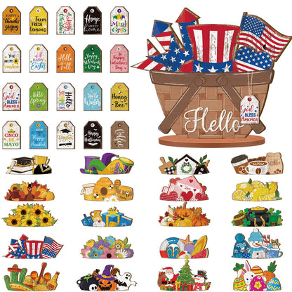 Anglechic 42 Pcs Small Interchangeable Flower Basket Memorial Day Decor Holiday Seasonal Sign Wood Rustic Farmhouse DIY Hanging Drop July 4th Home Office Desk Accessories Tiered Tray Decoration Gift