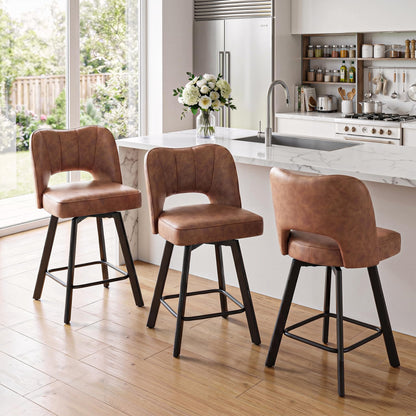 Homkdom Bar Stools Set of 3, 26 Inch Counter Height Swivel Bar Stools for Kitchen Island, Faux Leather Bar Stools with Back and Footrest, 360° Swivel, Metal Legs, 350 lbs, Cognac Brown