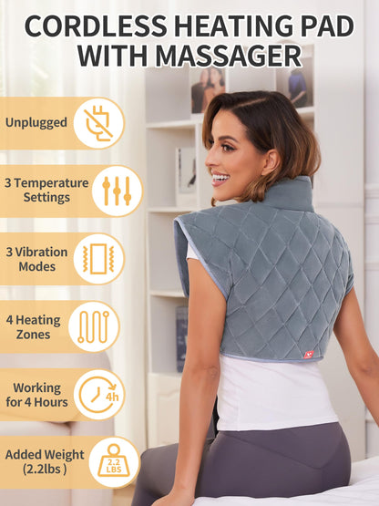 Vofuoti Heating Pad for Neck and Shoulders, Portable Heating Pad with Massager and Battery, Weighted Electric Heated Neck Shoulder Wrap, 16'' x 22'', 2.2lbs