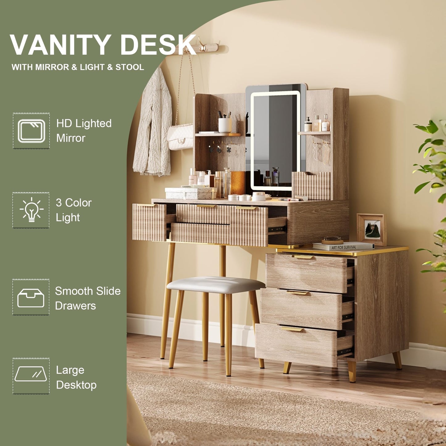 KEIKI 7-Drawer Vanity Desk with LED Mirror & Carved Details, Fluted Makeup Vanity Set with Metal Legs and PU Stool, Dressing Table with Jewelry Storage & 3 Lighting Colors for Bedroom, Yellow Brown