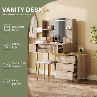 KEIKI 7-Drawer Vanity Desk with LED Mirror & Carved Details, Fluted Makeup Vanity Set with Metal Legs and PU Stool, Dressing Table with Jewelry Storage & 3 Lighting Colors for Bedroom, Yellow Brown