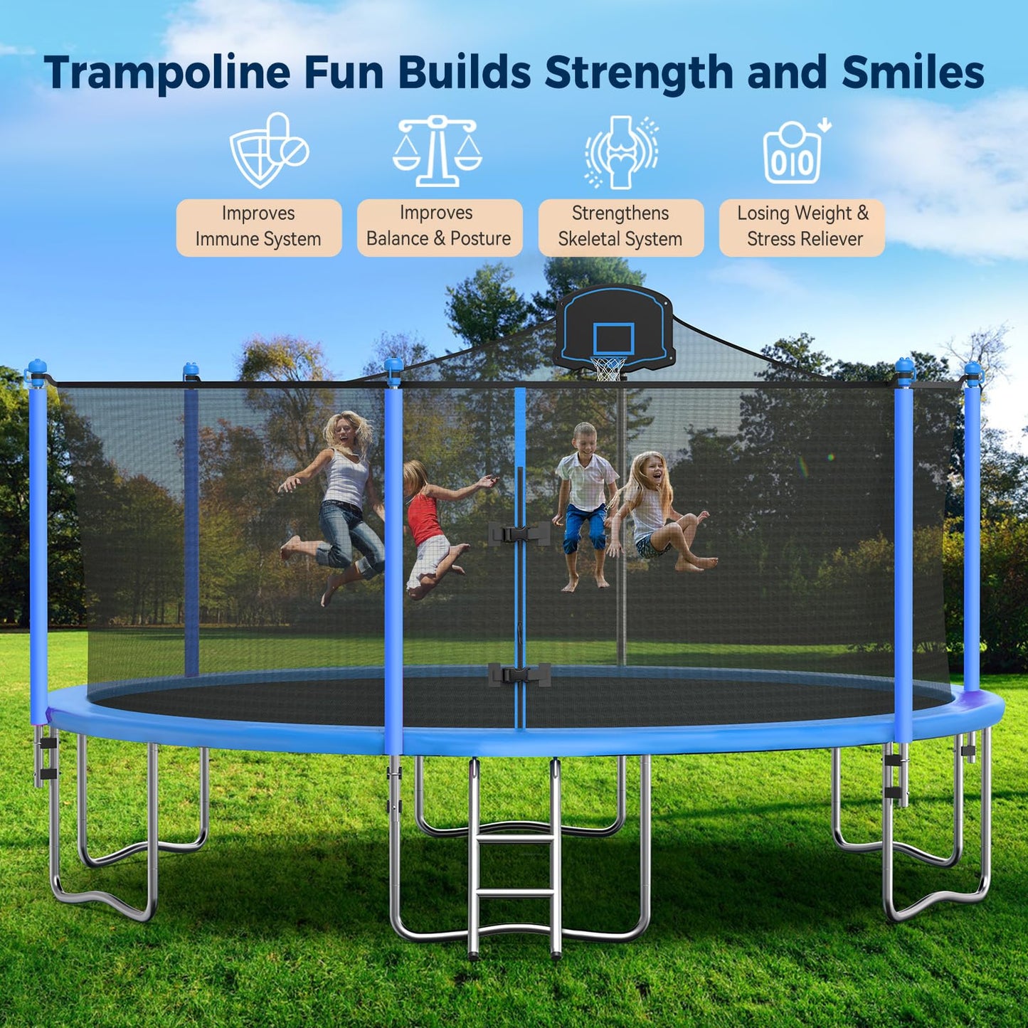 Tatub 16FT Trampoline for Kids and Adults, Outdoor Recreational Trampolines with Basketball Hoop & Enclosure Net, Blue