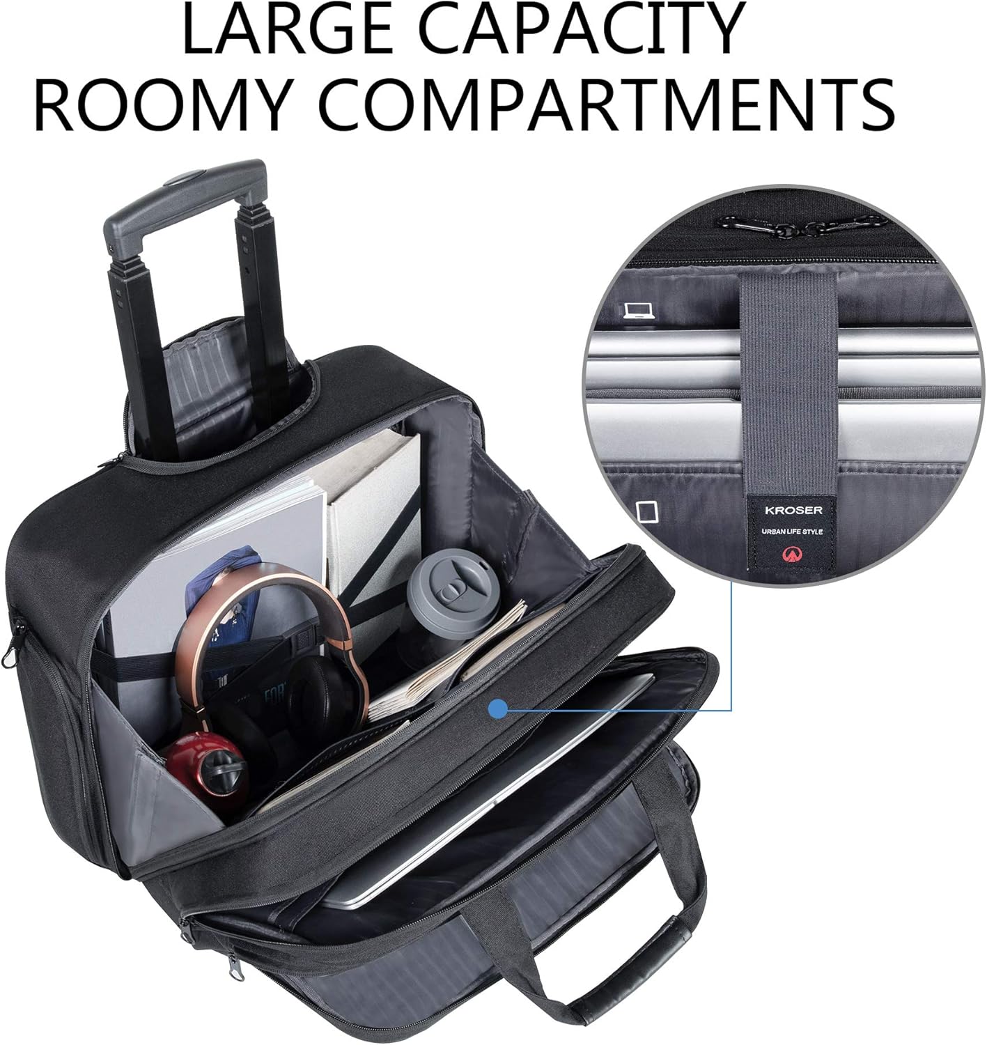 KROSER Rolling Premium Briefcase Fits Up to 17.3 Inch Laptop Water-Repellent Overnight Computer Bag with RFID Pockets for Travel/Business/School/Men/Women-Black