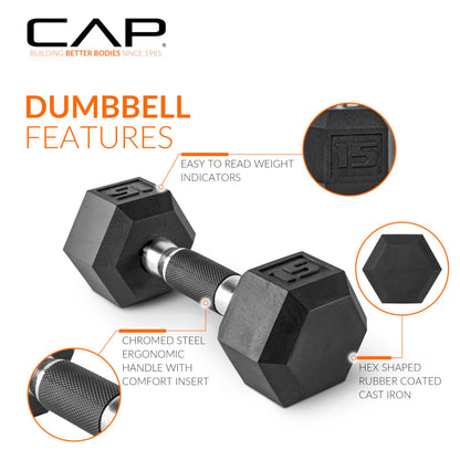 CAP 550 LB Dumbbell Set with 2-Tier Rack, Rubber Hex Weights Dumbbells Set, Home Gym Weight Set for Strength Training, Comfort Grip, Black Rack