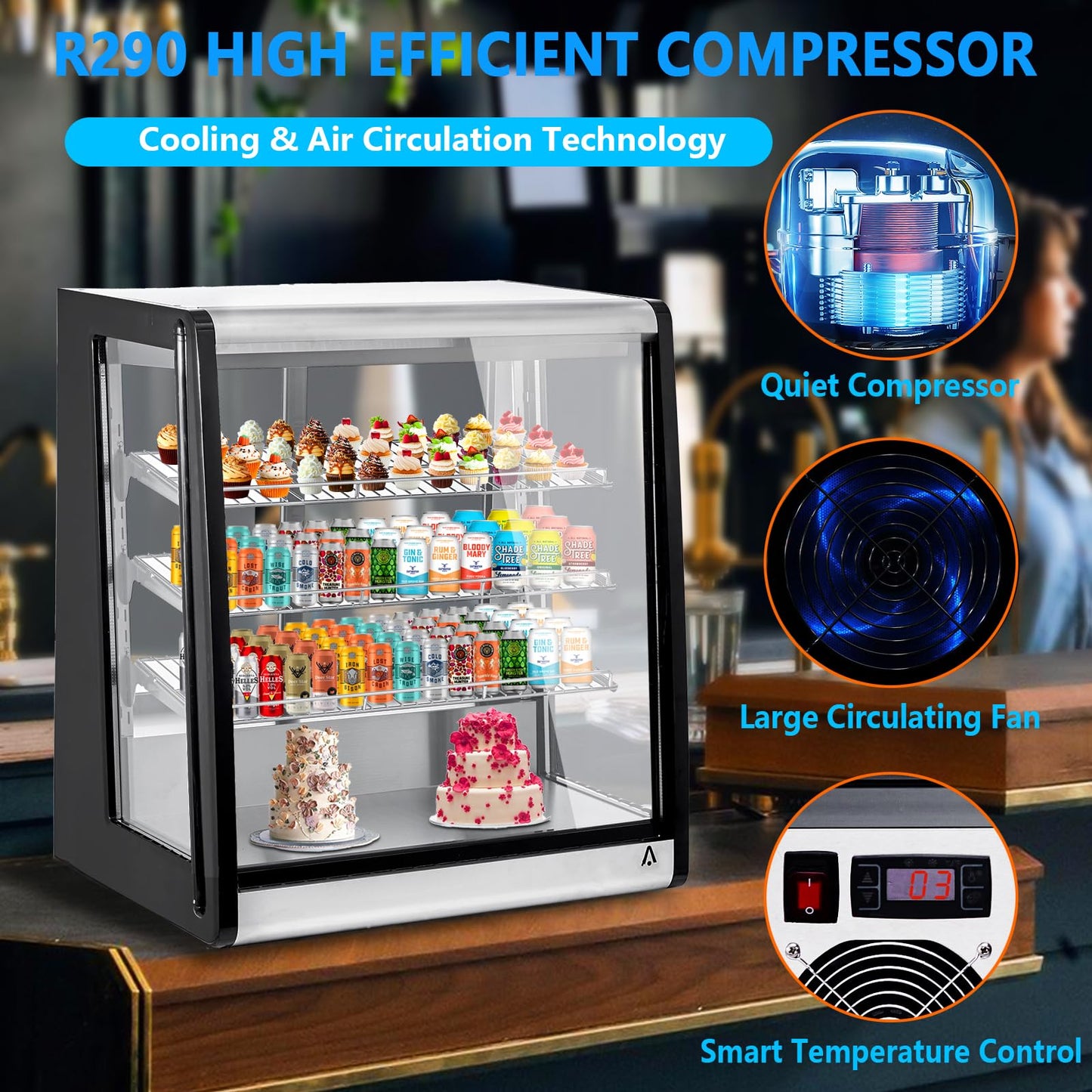 Festisoul Commercial Refrigerated Display Case, 196L Glass Door Countertop Refrigerator with Double Layer Tempered Glass, 110V for Restaurants, Cafes, Stores, Black