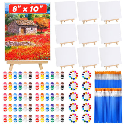 10Pack 8x10 Inch Canvas and Easel Set, Art Canvas Bulk with Easel Stands, 12 Colors Mini Acrylic Paint Set, Small Paint Brushes, Paint Trays, Sip and Paint Kit for Adults Couples Paint Party Supplies