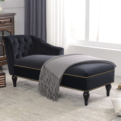 GDFStudio 58" Upholstered Chaise Lounge Chair Indoor, Modern Velvet Lounge Chaise with Button Tufted Arm, Nailhead Trim & Solid Wood Legs, Sleeper Bed Recliner Chair for Living Room Bedroom, Black