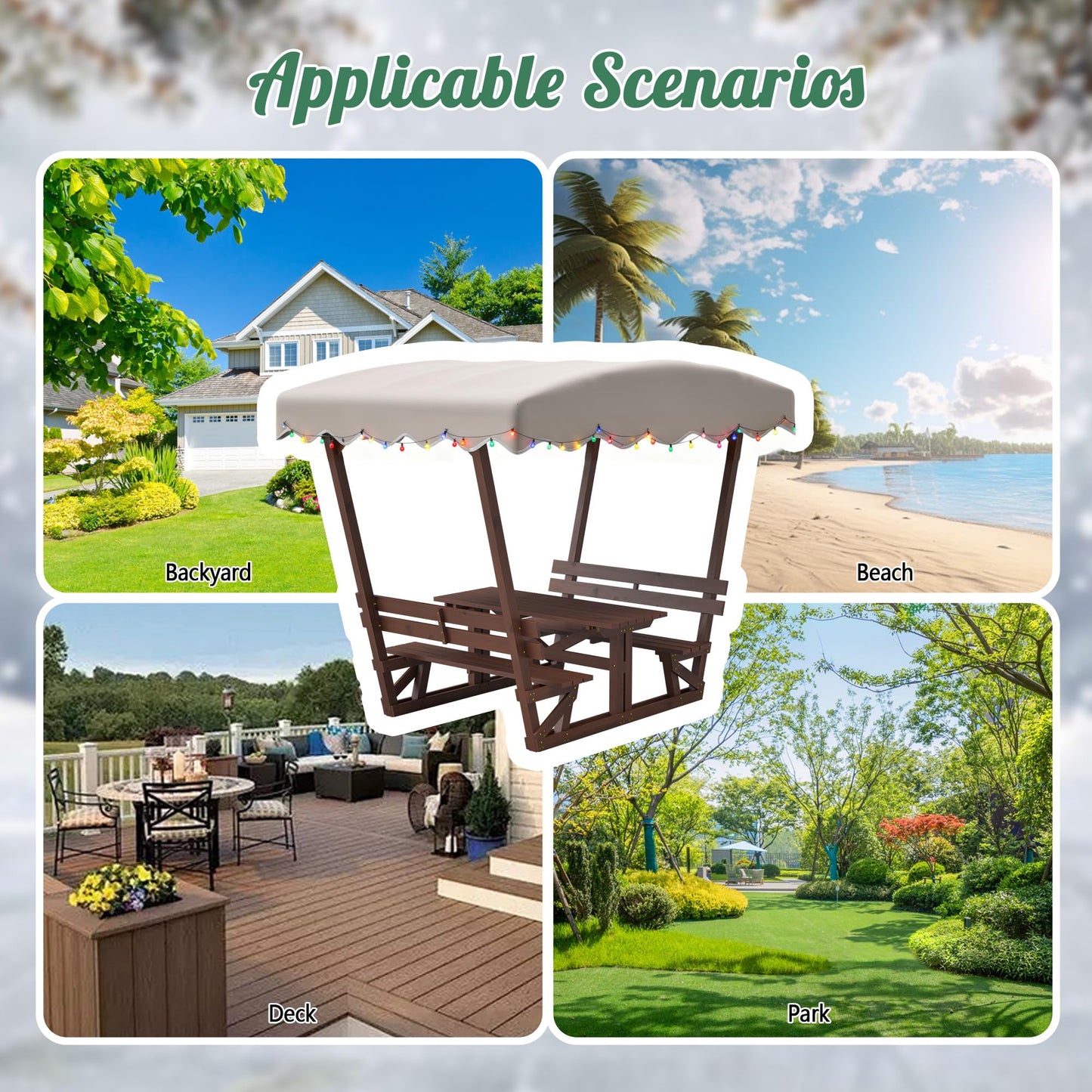BIFULDYO Outdoor Picnic Table with Benches and Removable Canopy, 6 Person Waterproof Solid Wood Table and Chairs Set for Patios, Gardens, Decks, Parks, Beaches