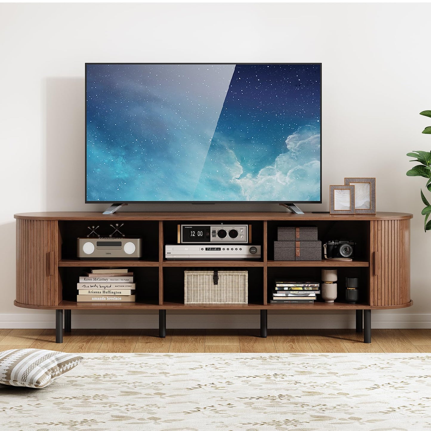 70.8" TV Stand with Power Outlet, Mid-Century Modern Television Stand, Fluted Media Console with Sliding Doors, Entertainment Center for TVs up to 60 Inch, Adjustable Shelves, Walnut