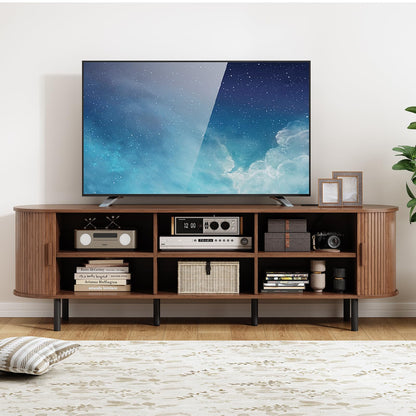 70.8" TV Stand with Power Outlet, Mid-Century Modern Television Stand, Fluted Media Console with Sliding Doors, Entertainment Center for TVs up to 60 Inch, Adjustable Shelves, Walnut