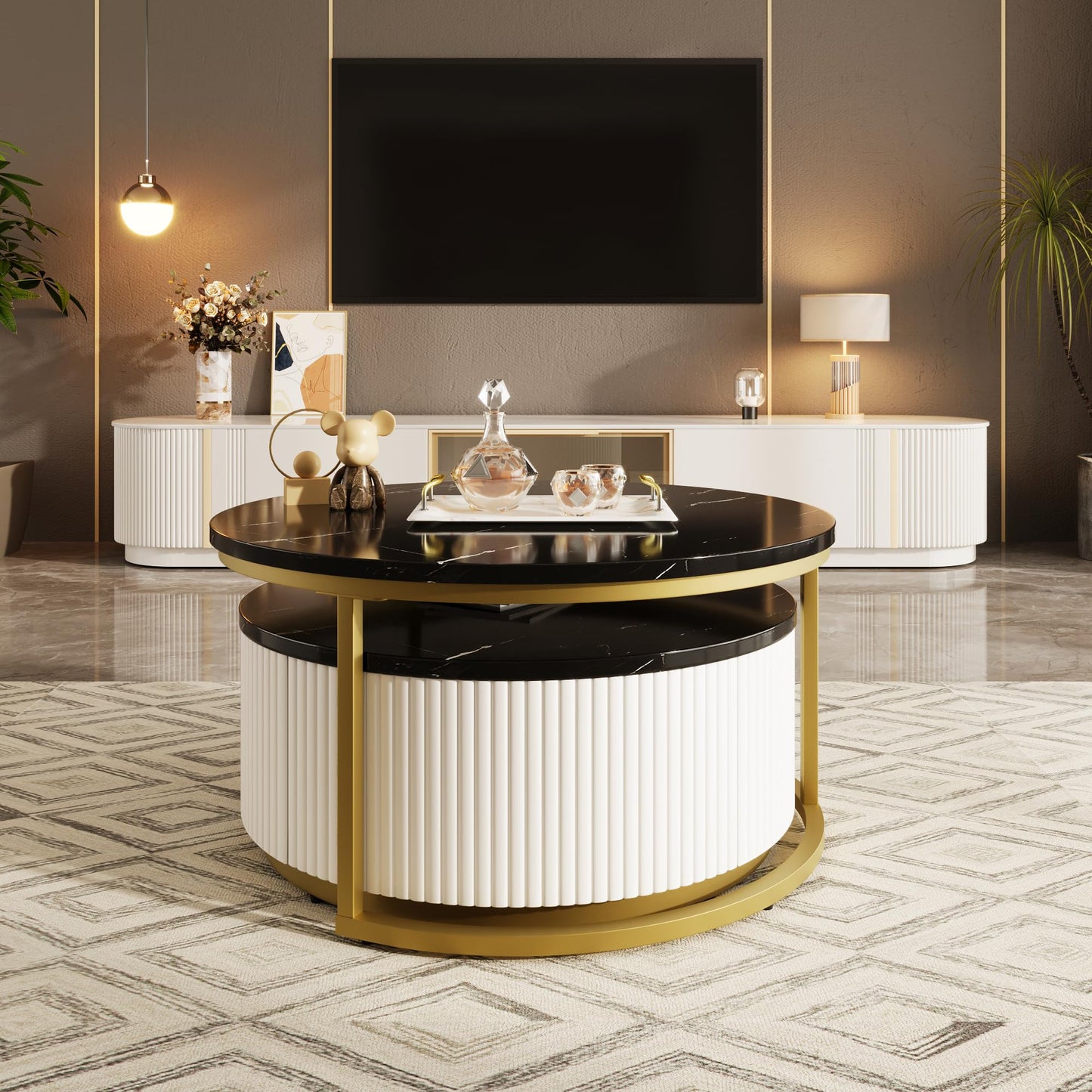 Ball & Cast Round Coffee Table Set of 2,Nesting Desk with Drawers,Smooth Durable Marble Tabletop and Fluted Design,Easy Care & Stain Resistance 31.5" for Bedroom,Living Room,Black & Gold