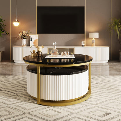 Ball & Cast Round Coffee Table Set of 2,Nesting Desk with Drawers,Smooth Durable Marble Tabletop and Fluted Design,Easy Care & Stain Resistance 31.5" for Bedroom,Living Room,Black & Gold