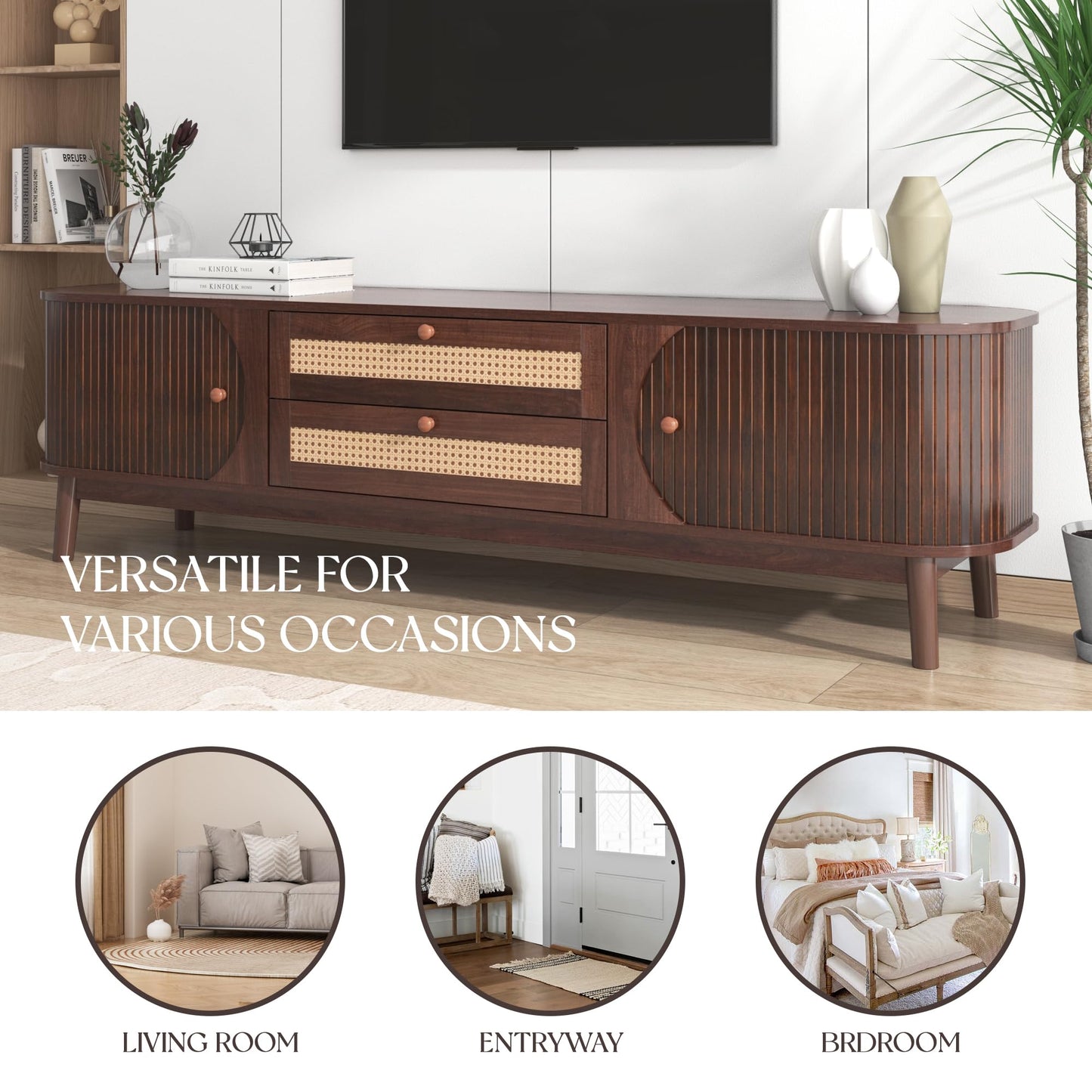 Merax Rattan TV Stand for TVs up to 75", Modern Farmhouse Media Console with Multi-Functional Storage, Boho Entertainment Center with Solid Wood Legs, Television Cabinet for Living Room, Natural+Brown