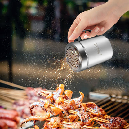 ZERUIDM Stainless Steel Salt and Pepper Shakers Set, 10 OZ Seasoning Spice Shaker with Lid and Handle 127 Holes, Metal Dredge Shaker for Powder Sugar Cooking Kitchen Baking (2 Pieces)