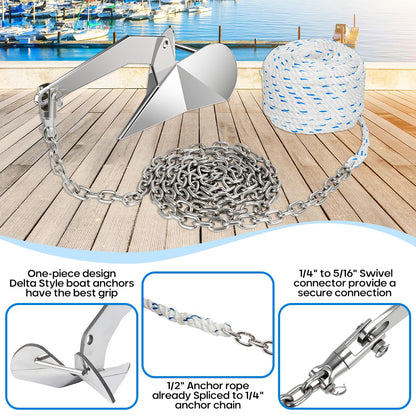 FUCNEN 316 Stainless Steel Delta Anchor 13 Lb, 1/2" Anchor Rope 150 ft, 1/4" HT G4 Marine Anchor Chain 15ft & Swivel Connector Boat Anchor Kit for Windlass System