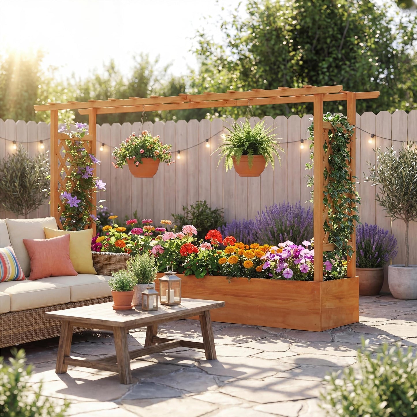 HAPPYGRILL Raised Garden Bed with Trellis, 2 Pack Freestanding Wood Planter Box w/Hanging Roof & 8 Drainage Holes for Vine Climbing Plants Flowers, Outdoor Planter with Trellis for Garden Patio Yard