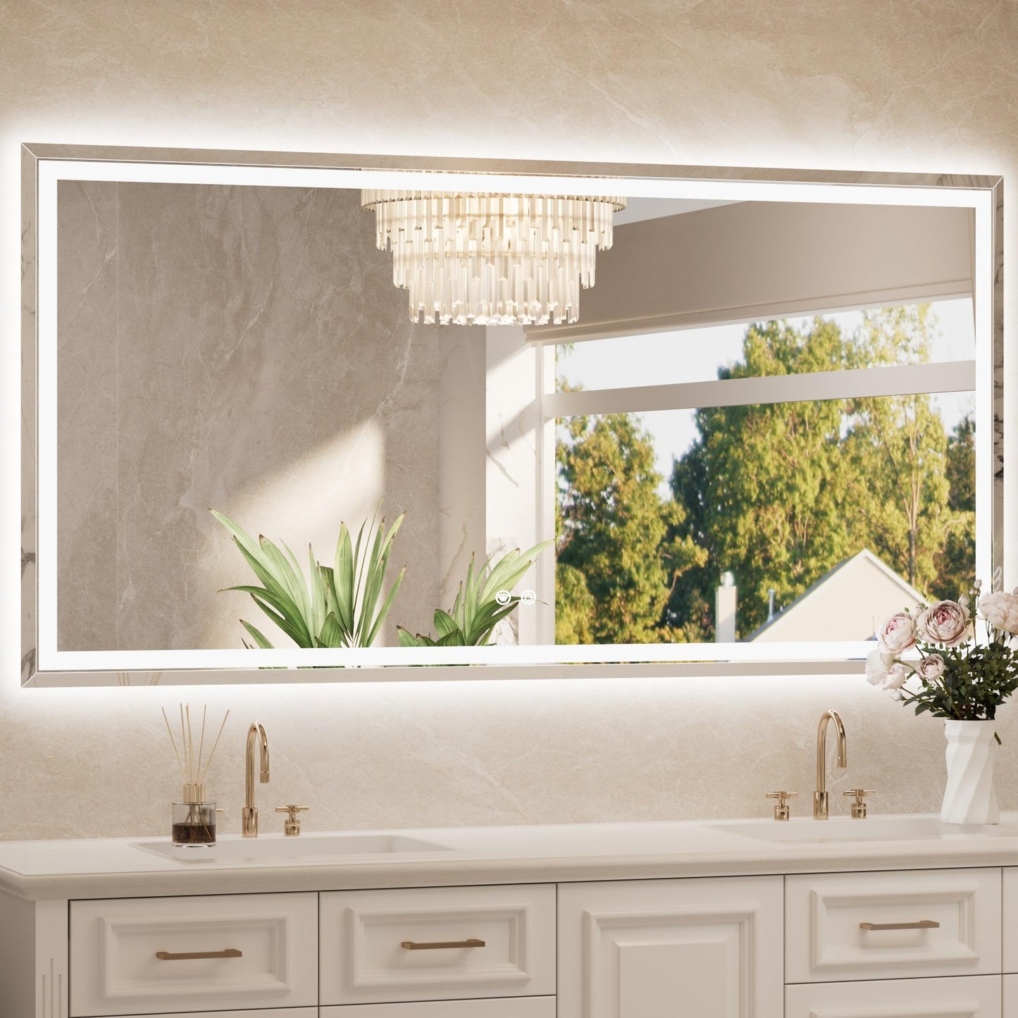 TETOTE 72 x 36 Inch Led Lighted Mirror for Bathroom Wall, Extra-Bright Beveled Bathroom Vanity Frontlit & Backlit Frameless Mirror with 3-Color Lights, Defogging, Tempered Glass, Waterproof