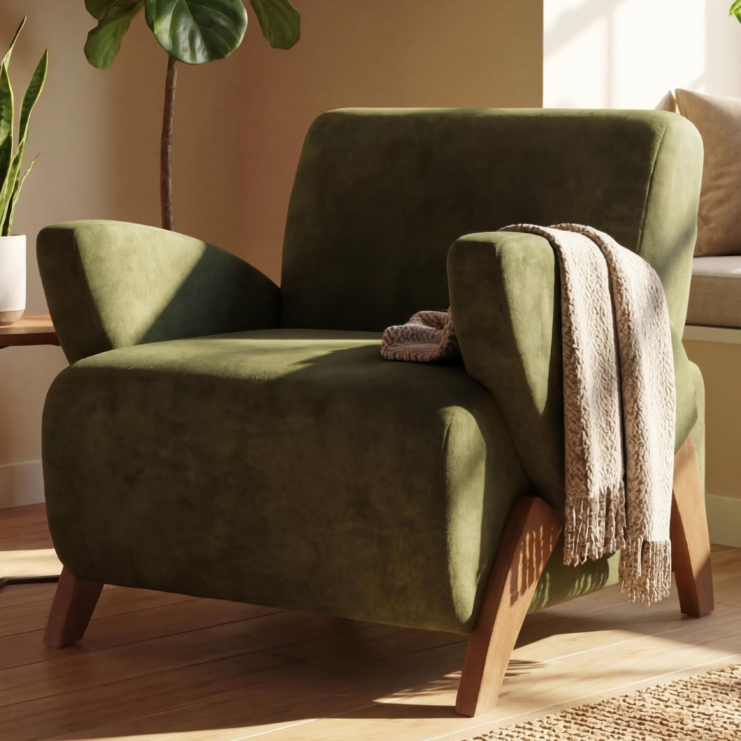 KEIKI Comfy Velvet Armchair, Luxury Accent Reading Gaming Arm Chair with Birch Legs, Oversized Decorative Single Lounge Sofa Chair, Cloud Deep Seating for Office Living Room, Easy Assembly, Green