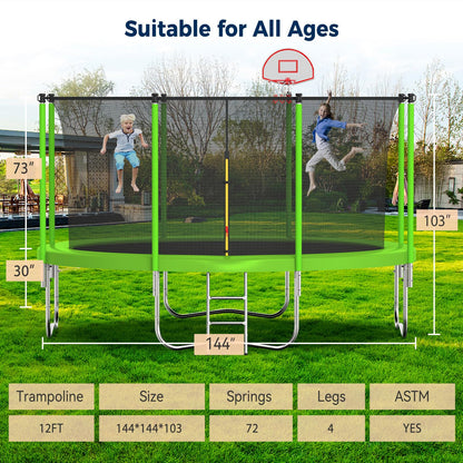 Tatub 12FT Trampoline for Kids and Adults, Outdoor Recreational Trampolines with Basketball Hoop & Enclosure Net, Green