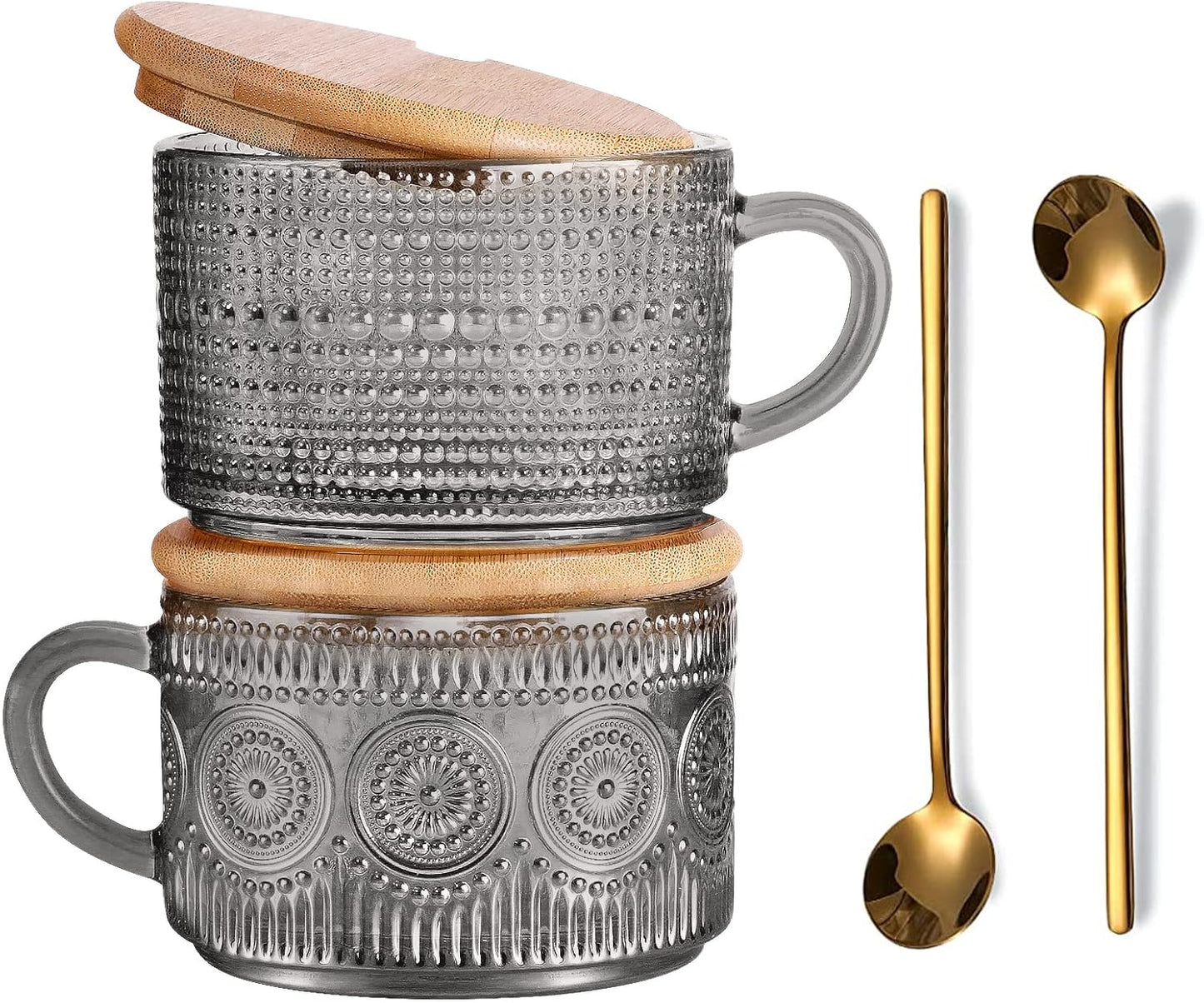 14 Oz Set 2 Vintage Glass Coffee Mugs, of Embossed Glassware Tea Cups for Breakfast, Dessert, Cappuccino, Latte