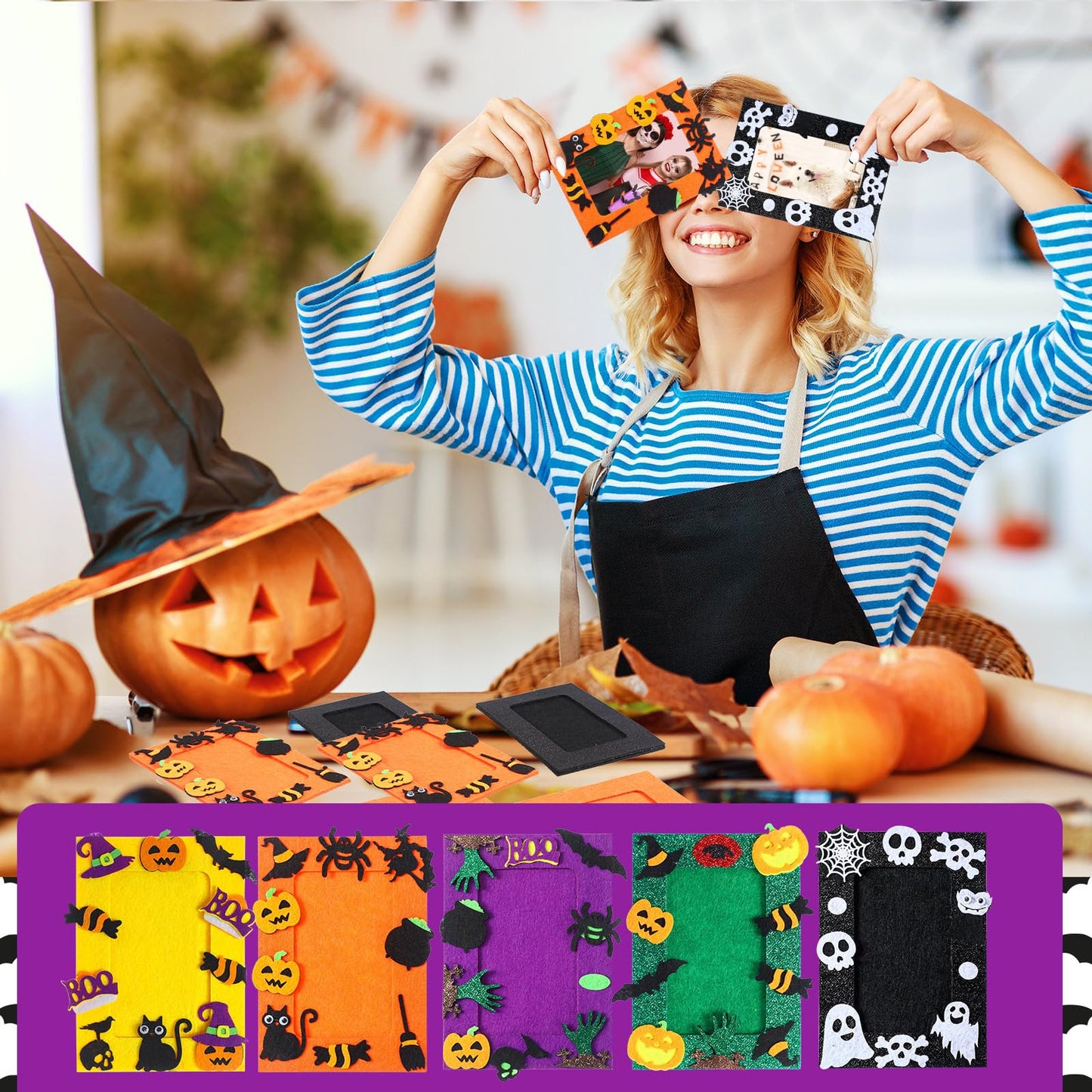 Barydat 260 Pcs Halloween Felt Photo Frame Crafts Kit 30 Picture Frames Crafts with 230 Felt Stickers, Fun DIY Photo Frame for Halloween Party Supplies Favors