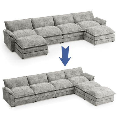 Shahoo Couches for Living Room, Sectional Modular Sofa U Shaped Chenille Fabric Couch with High Supportive & Soft Sponges and Removable Ottoman, Sleeper Comfy Upholstered Couch, Grey