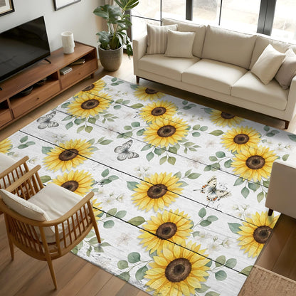 Area Rugs 8x10 for Living Room, Yellow Sunflowers Non Slip Washable Rug Runner, Summer Botanical Butterfly Leaves Wooden Low Pile Indoor Floor Carpet Mat Bathroom Rugs for Bedroom, Kids Room