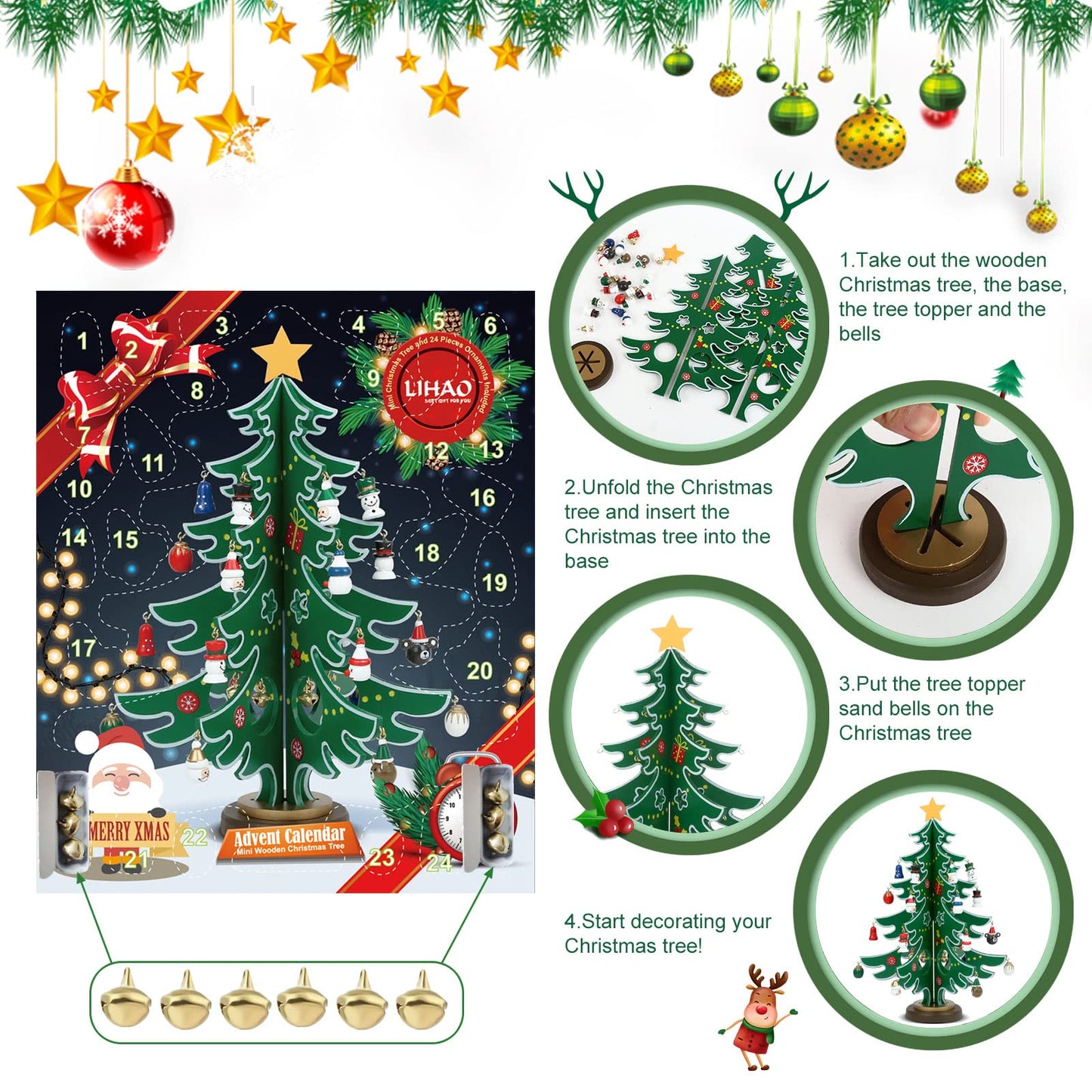 LIHAO Christmas Advent Calendar, 24 Days Tabletop Christmas Tree Countdown Calendar with 24PCS Ornaments for Boys Girls Kids Party Favors, Classroom Prizes Xmas Gift