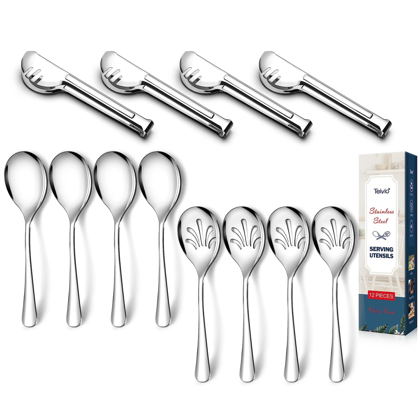 Stainless Steel Metal Serving Utensils - Large Serving sets-10" Spoons, 10" Slotted Spoons and 9" Tongs by Teivio (Silver, Set of 12)