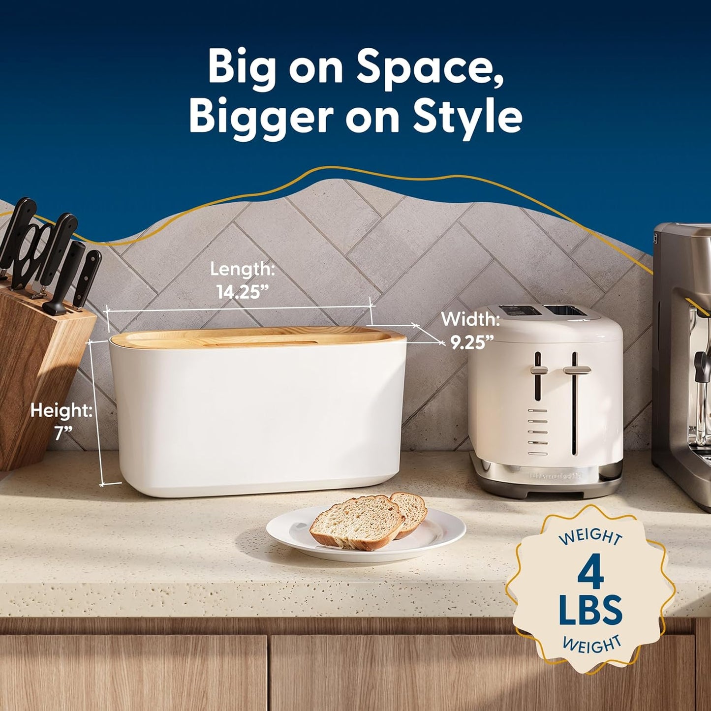 14.25x9.25x7 Sonder Los Angeles Union Large Bread Box | Fits Full Sourdough Loaves and More | Breadbox with Cutting