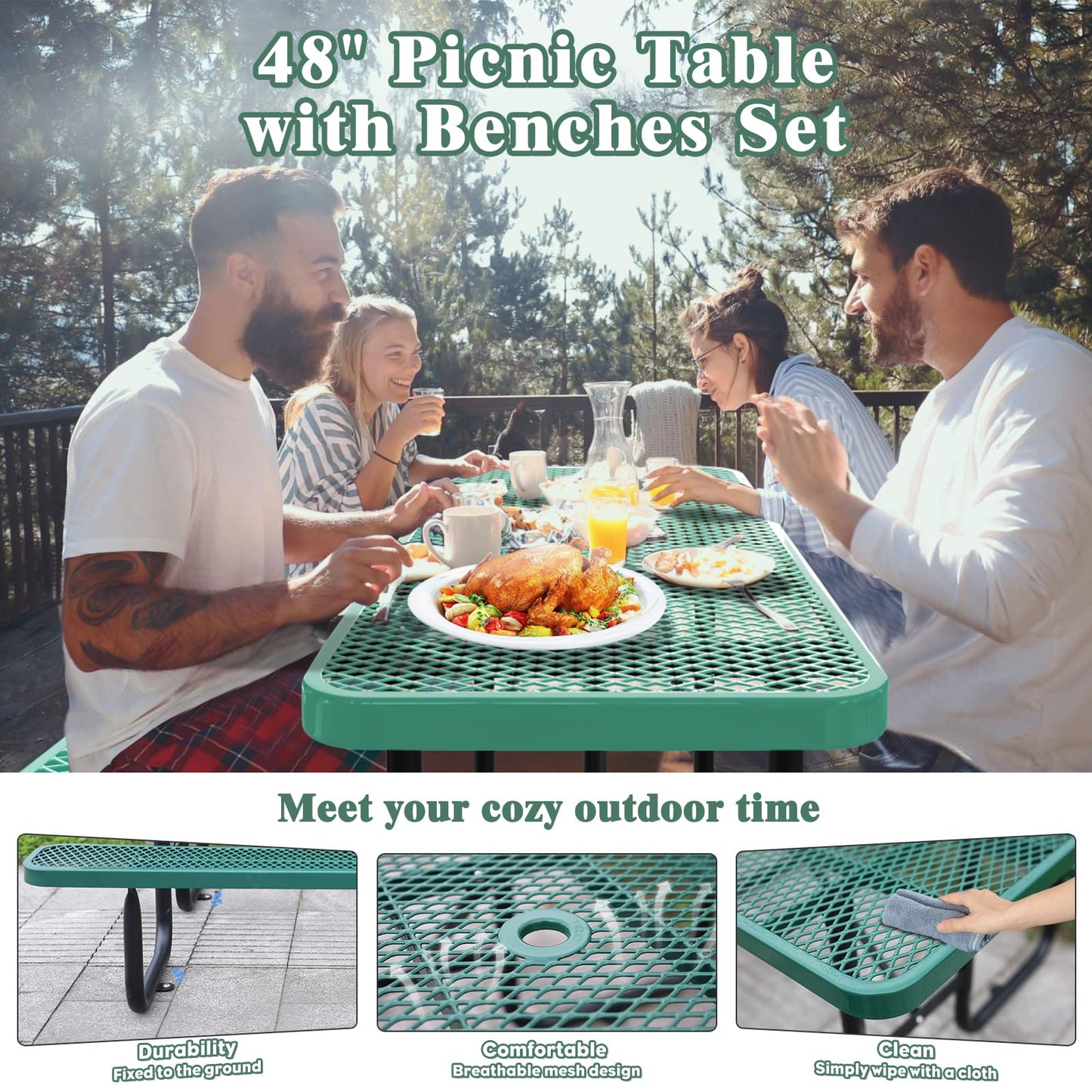 Gaonala 4FT/48IN Heavy Duty Outdoor Picnic Table and 2 Benches for 2-6 People, Weather Resistant Rectangular Steel Picnic Table Set with Umbrella Hole for Yard Patio Lawn Party Green