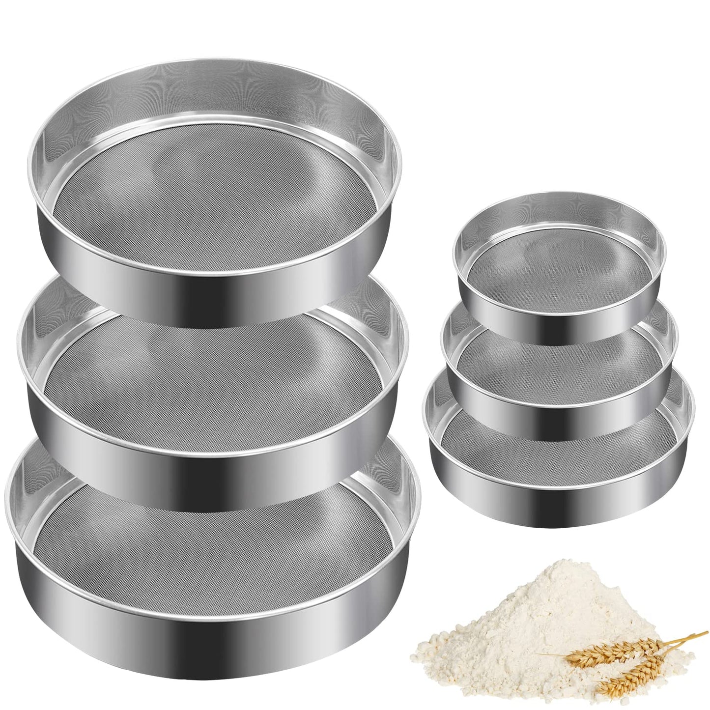 6 Pieces Stainless Steel Flour Sifter, Round Flour Sifter 40 Mesh, Premium Rustproof Flour Sieve Fine Mesh for Baking Cake Bread Pies Pastries Cupcakes（Different sizes）