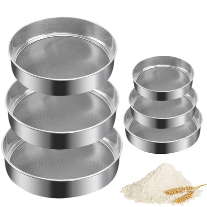 6 Pieces Stainless Steel Flour Sifter, Round Flour Sifter 40 Mesh, Premium Rustproof Flour Sieve Fine Mesh for Baking Cake Bread Pies Pastries Cupcakes（Different sizes）