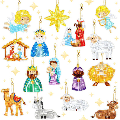 BBTO 15 Piece Christmas Diamond Art Keychains & Ornaments - Nativity Scene Kits for Xmas DIY Crafts