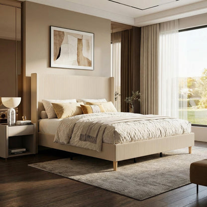 IDEALHOUSE King Size Upholstered Bed Frame with Channel Tufted Wingback Headboard, Wooden Slat Support, Noise-Minimizing Design, No Box Spring Needed, Beige