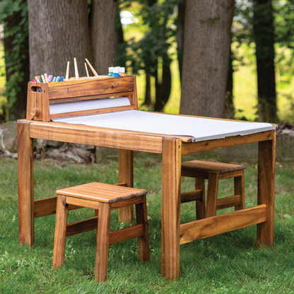 Guidecraft Acadia Outdoor Art Table and Stool Set: Kids Acacia Wood Arts and Crafts Table w/ 2 Chairs, Mobile Storage Paper Roll, and Paint Cups for Drawing, Painting and Toddler Picnic Activities
