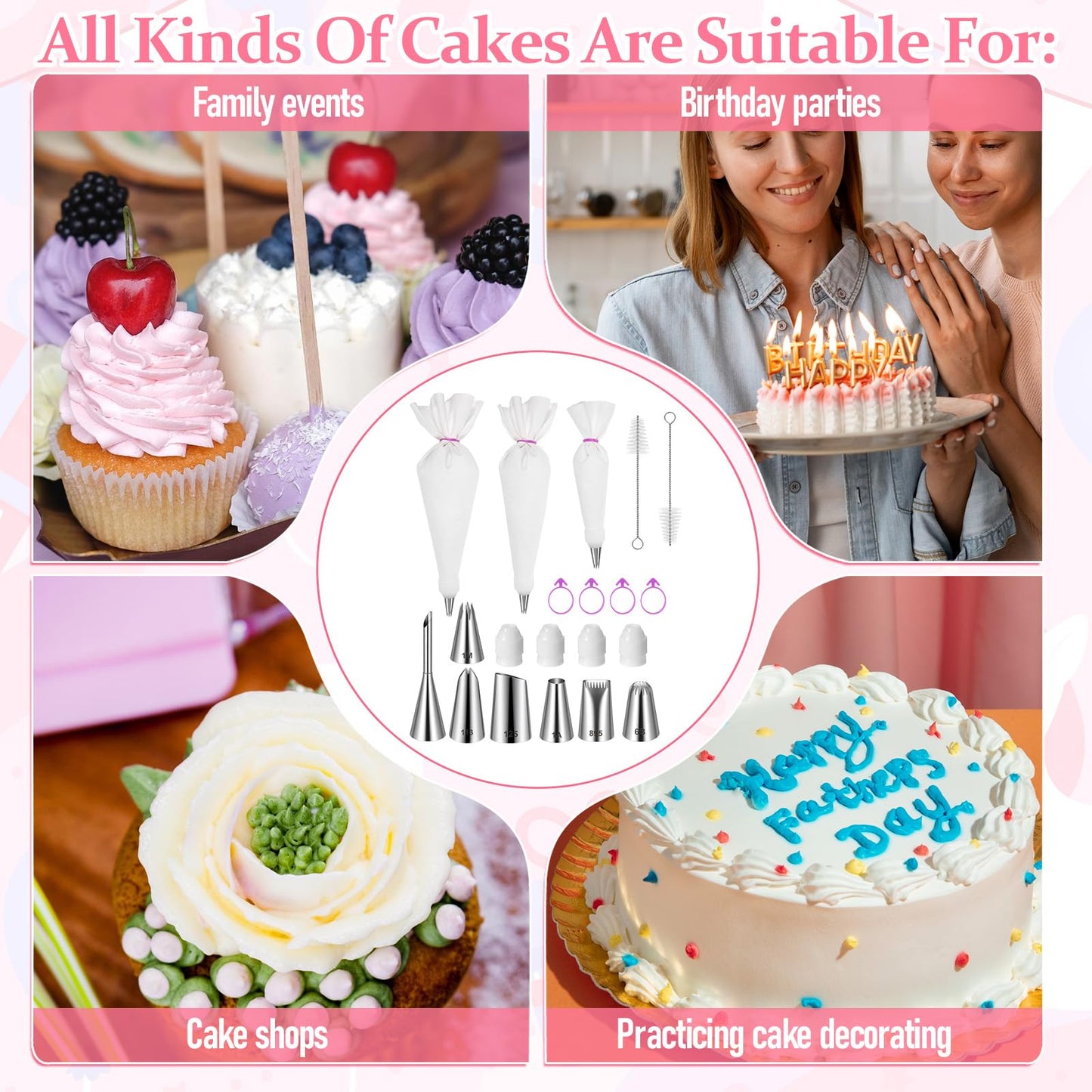 Reusable Piping Bags and Tips Set, Cotton Reusable Piping Bag 12+14+16", with Coupler, Stainless Steel Nozzles & Cleaner, Easy to Clean, Eco-Friendly Baking Kit for Cake Decorating