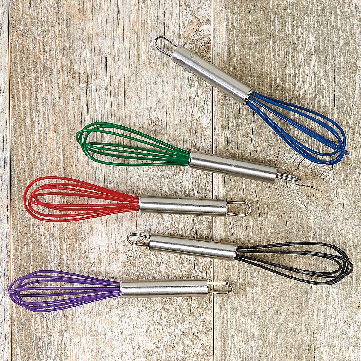 Lillian Vernon Colorful Mini Silicone Whisks Set – 5-Piece Rainbow Kitchen Utensils for Cooking, Baking, Egg Beating & Mixing, 6.5 Inch Small Non Stick Stainless Steel Wire Beaters, Dishwasher Safe