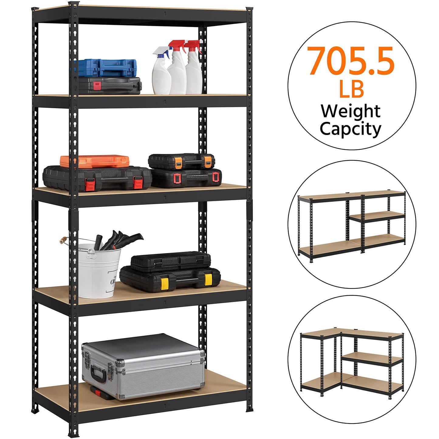 Yaheetech Standing Shelf Units 5 Tier Shelving Unit, 3 Pack Adjustable Garage Shelving Metal Shelving Unit Utility Rack Heavy Duty Industrial Shelving, 35.5″ L × 17.5″ W × 72″ H - Black