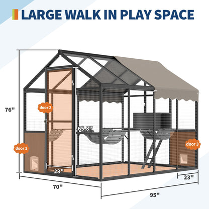 Garvee Large Outdoor Cat Enclosure for Multiple Cats - Weatherproof Catio with UV Cover, Platform & Side Door