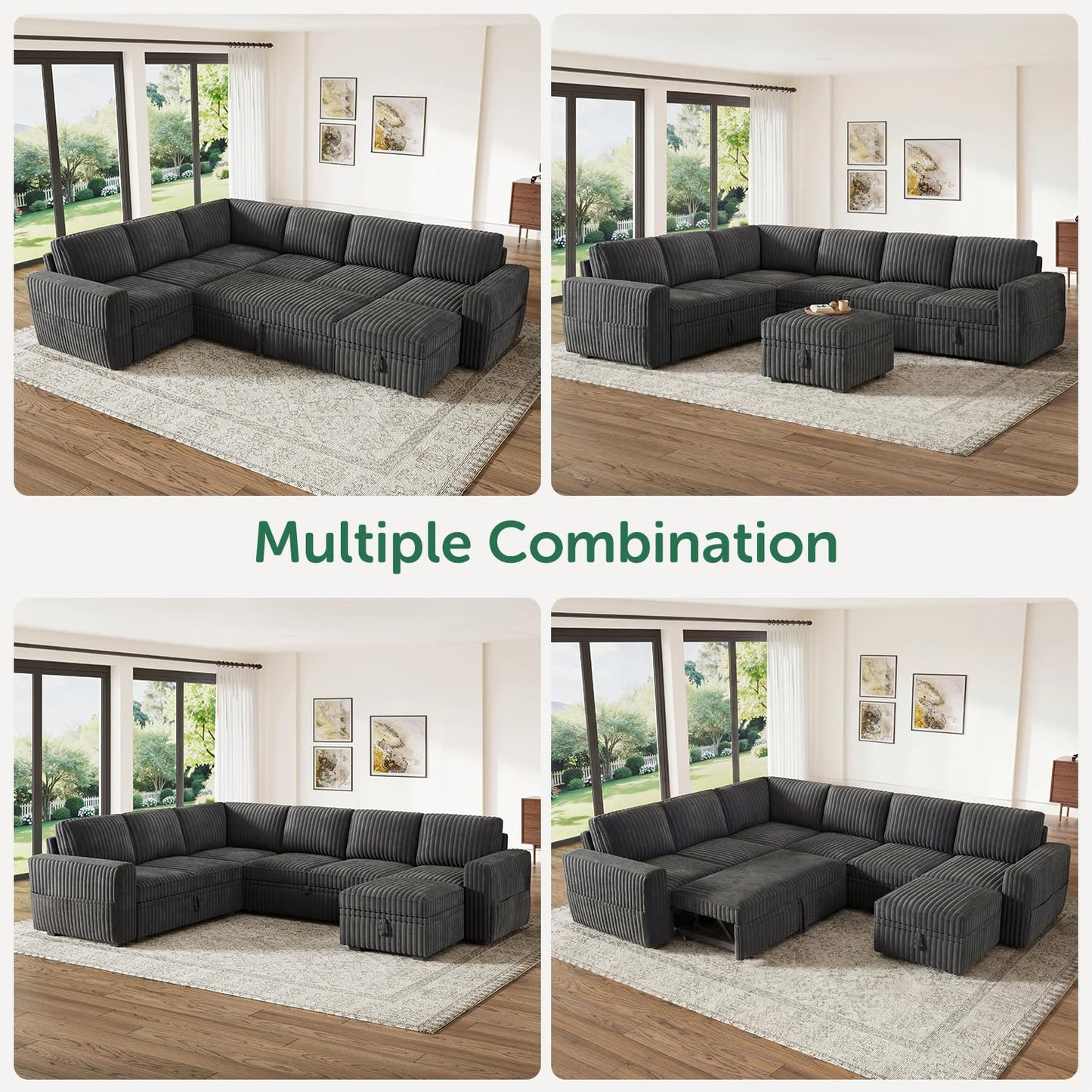 HONBAY Modular Sectional Sleeper Sofa with Pull Out Bed,Corduroy U Shaped Couch with Storage, Sectional Couches for Living Room,Dark Grey
