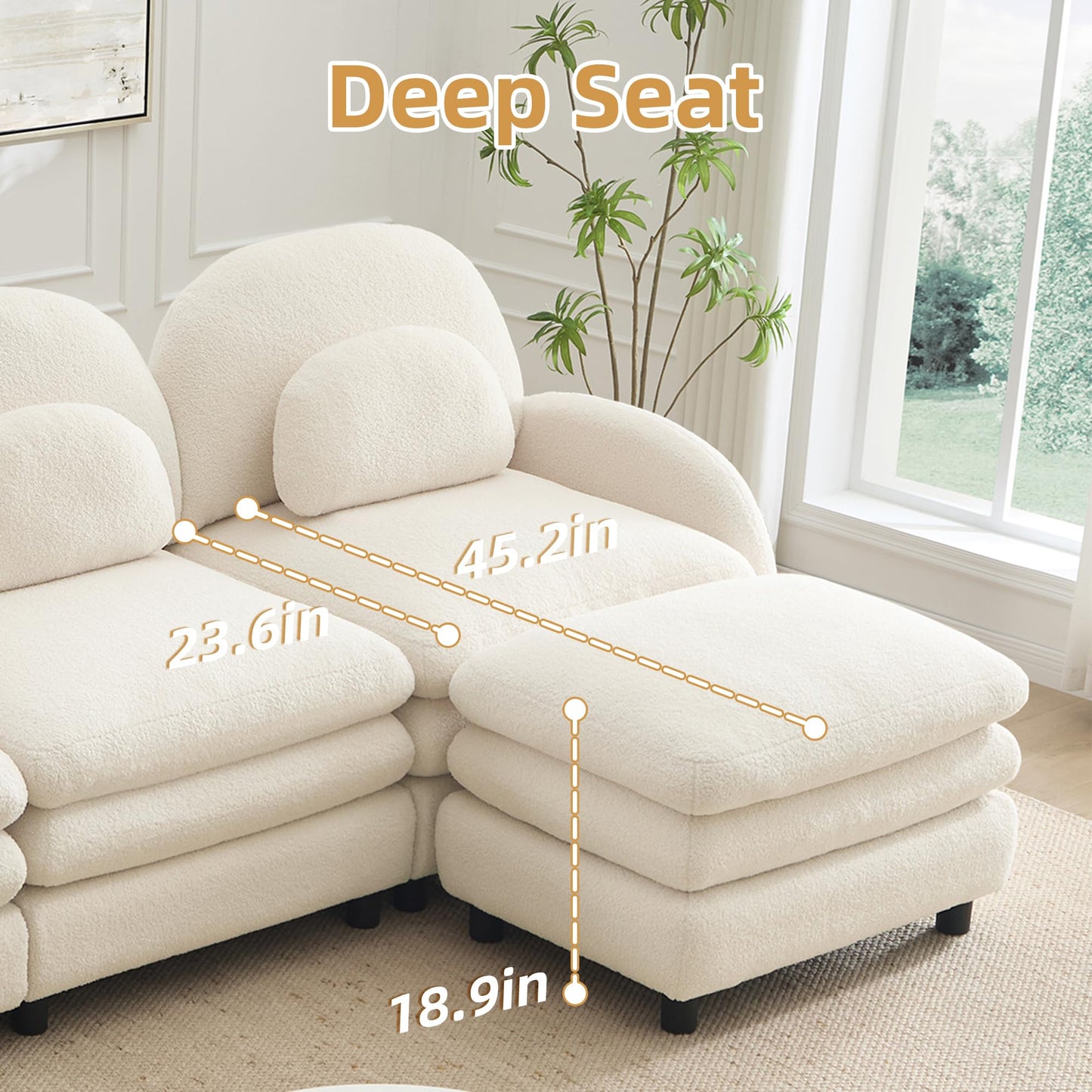 KEIKI 68.5" Chaise Lounges Indoor Modular Loveseat with 2 Ottomans Teddy Fleece, Soft Perfect for Compact Living Room Furniture Space with Space Saving Design and Convertible Modular Use, Beige