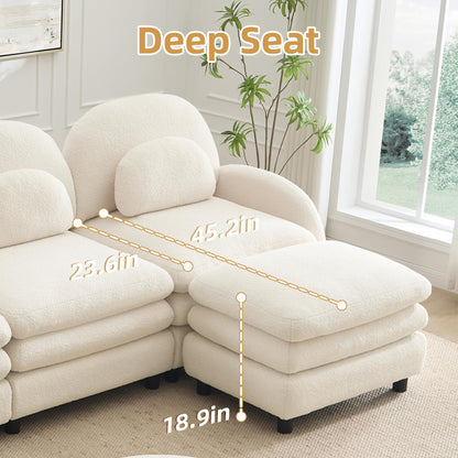 KEIKI 68.5" Chaise Lounges Indoor Modular Loveseat with 2 Ottomans Teddy Fleece, Soft Perfect for Compact Living Room Furniture Space with Space Saving Design and Convertible Modular Use, Beige