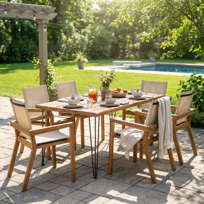 Christopher Knight Home Zion Acacia Wood Outdoor Dining Set for 6, 7 Piece Patio Dining Table and Chair Set, Wooden Outdoor Dining Armchair and Table Set, Teak+Beige