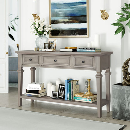 Merax Classic Long Narrow Console Table for Entryway Hallway Sideboard with Storage Drawers and Bottom Shelf Gray Wash