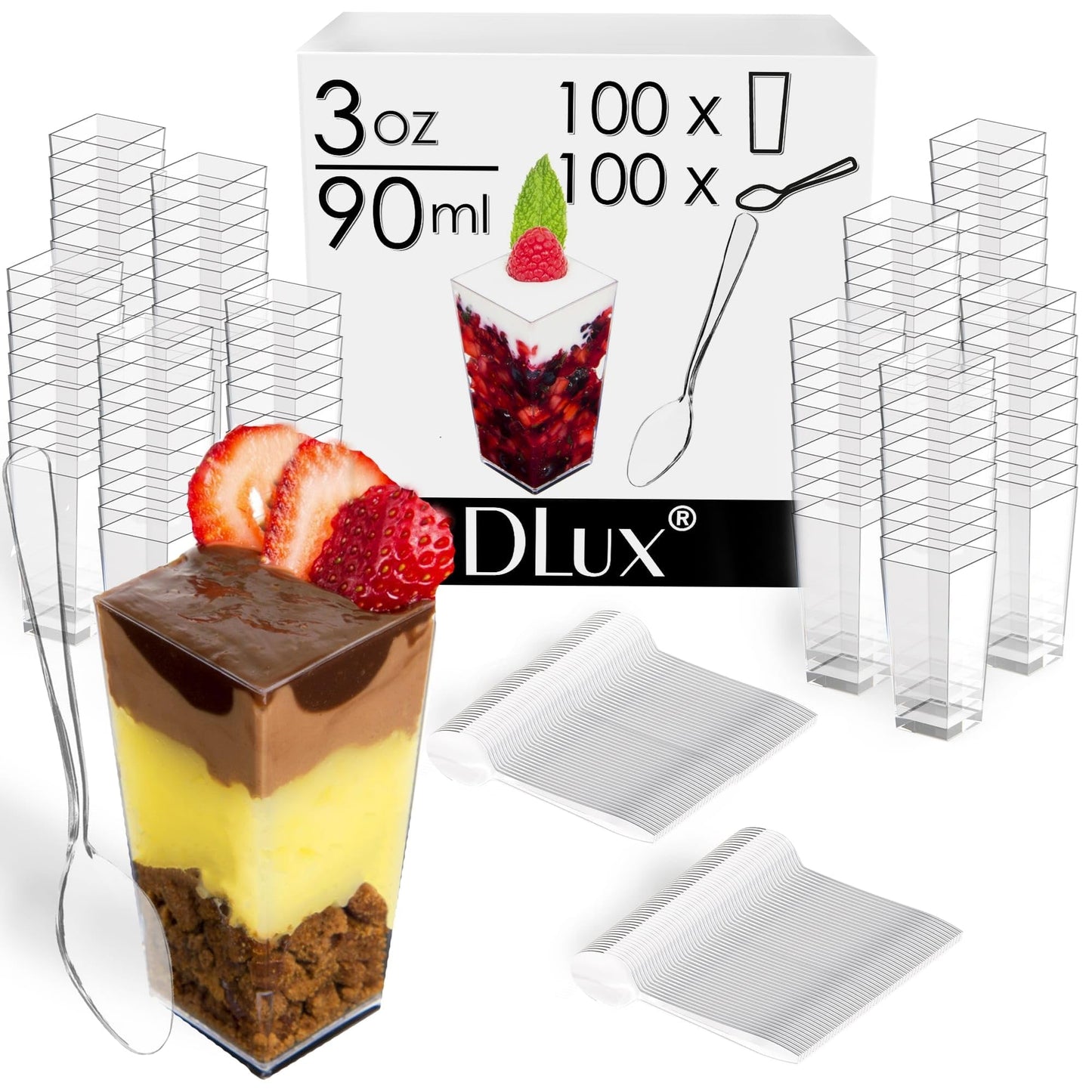 DLux 100 x 3 oz Mini Dessert Cups with Spoons, Square Tall - Clear Plastic Parfait Appetizer Cup - Small Reusable Serving Bowl for Party Desserts Appetizers - with Recipe Ebook