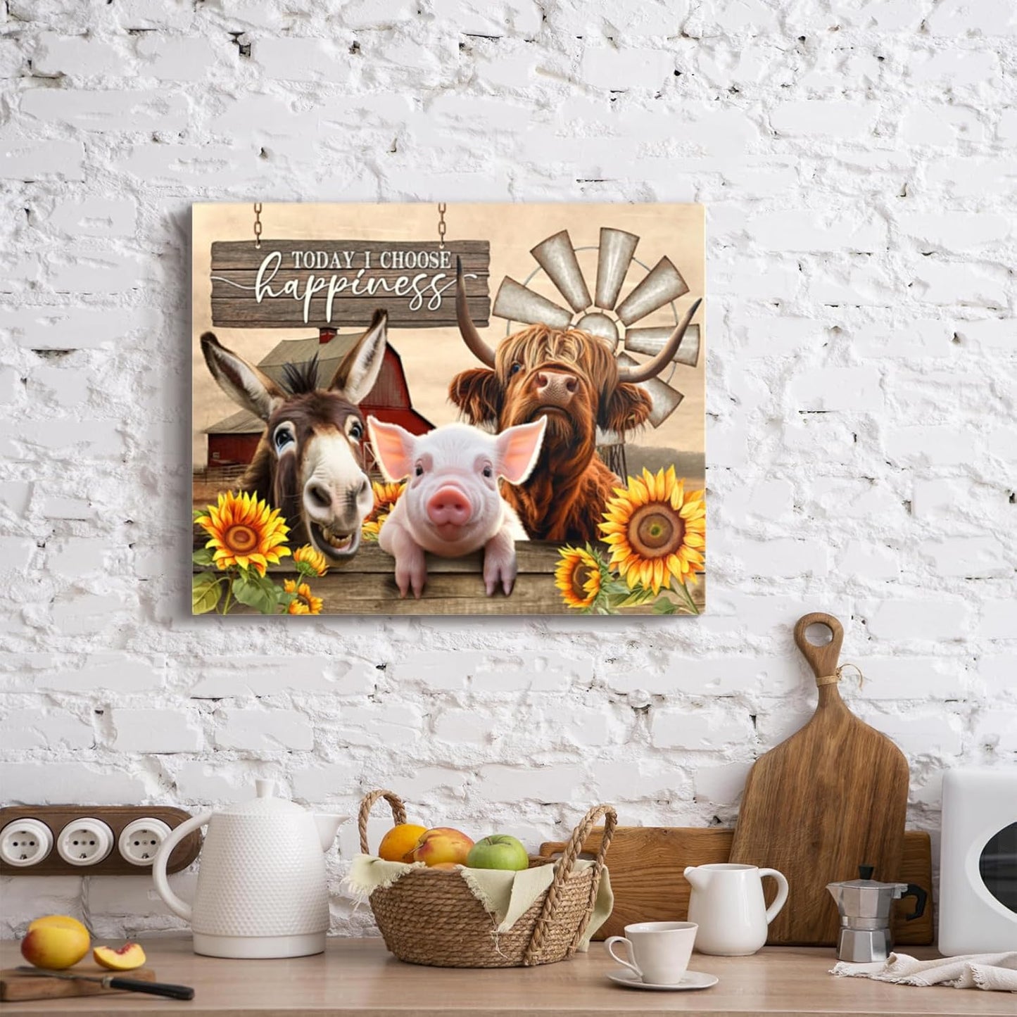 Beabalea Farmhouse Animals Canvas Wall Art - Rustic Sunflowers, Donkey, Cow, Pig Pictures for Bedroom, Bathroom, Living